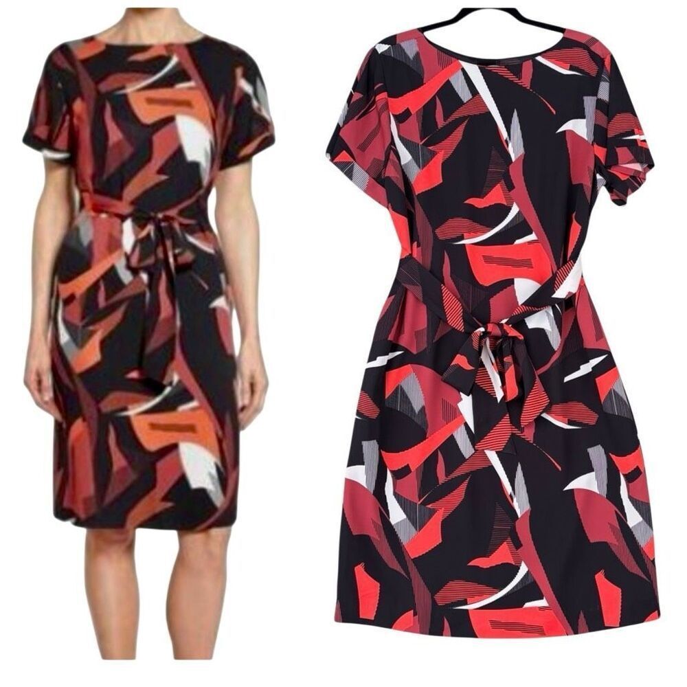 Classiques Entier Silk Print Double Georgette Tie Waist Dress Size 10 Orange Bla